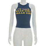 Women Clothing Summer Solid Color Letters Offset Printing Thread Sleeveless Vest Cropped Short Top