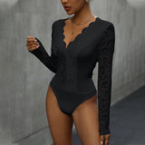 Sexy Solid Color Long Sleeve V neck Lace Jumpsuit
