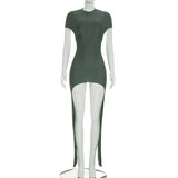 Women Clothing Summer Solid Color Sexy Short Sleeve Back Hollow Out Cutout Ribbon Pleated Slim Dress