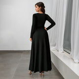 Retro Deep V Plunge neck Long Sleeve Split Black Large Swing Dress Women Slim Waist Elegant Formal Dress