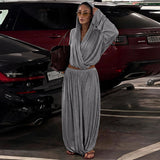 Summer Women Clothing Solid Color Idle Hooded Long Sleeve Top Pleated Loose Maxi Skirt Set