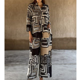 Women Clothing Cotton Linen Multi Color Printed Long Sleeve Casual Straight Pants Two Piece Set