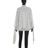 Women Clothing Autumn Casual Polka Dot Printed Round Neck Drawstring Long Sleeve Ribbon Short Dress