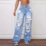 Ripped Jeans Washed High Waist Straight All Matching Loose Denim Trousers Women Jeans