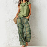 Women Retro Casual Sleeveless Top Plaid Pants Two Piece Sets
