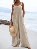 Women Clothing Summer Jumpsuit Ethnic Solid Color Wide Leg Jumpsuit
