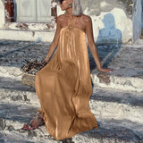 Summer Sexy Khaki Halter Lace up Backless Tube Top Suspender Women Dress