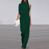 Women Pants Solid Color One Shoulder Pile Collar Jumpsuit Popular Dress Trousers