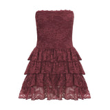 Sexy Leather Bra Strap Lace Stitching Puffy Tiered Dress Summer Set