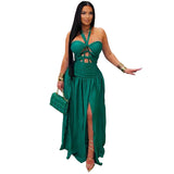 Popular Halter Cut out Lace up Party Evening Dress Satin Side Split Dress