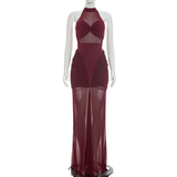 Women Clothing Summer Solid Color Casual Mesh Stitching Sleeveless Twisted Pleated Maxi Dress