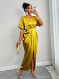 Women Clothing Early Autumn Satin Dress Ball Gown Satin Waist Tight Maxi Dress