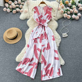 V-Neck High Waist Floral Print Wide Leg Jumpsuit - Loose Fit Women's Romper with Belt