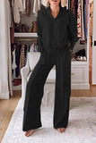 Autumn Casual V neck Long Sleeve Loose Top Wide Leg Pants Two Piece Set