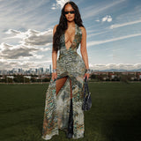 Women Clothing Elegant Halter Deep V Plunge neck Backless Waist Tight Slit Dress Abstract Printing Dress Women