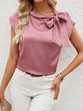 Half Open Collar Bow Satin Top Special Interest Design Satin Women Clothing T shirt