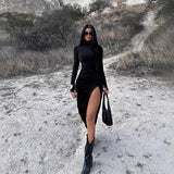 Autumn Stand Collar Long Sleeve Pleated Sexy Slit Hip Bag Dress Women