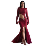 Women Clothing Fall Sexy Cropped Round Neck Long Sleeved Dress