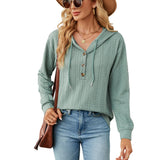 Autumn Winter Solid Color Hooded Button Loose Long Sleeve Sweatershirt Women Clothing