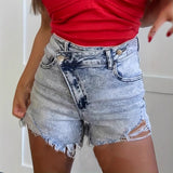 Ladies Asymmetric Hem Stretch Light Blue High Low Button Ripped Snowflake Denim Shorts