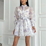 Women Elegant Stand Collar Long Sleeve Lace Printing A line Cami Dress