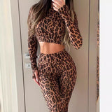Women Clothing Autumn Stand Up Collar Cinched Cropped Long Sleeve Top High Waist Hip Raise Pants Two Piece Fitness Set