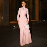 French Women Autumn Sexy Slim Fit Backless Button Solid Color Long Sleeve Dress