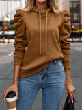 Autumn Winter Polo Collar Hooded Solid Color Long Sleeve Casual Women Top Sweatshirt