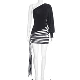 Women Clothing Autumn Sexy off Shoulder One Sleeve Striped Printed Ribbon Slim Fit Short Dress