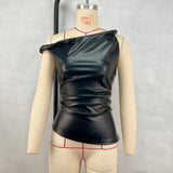 Sleeveless Vest Leather Oblique Shoulder Personality Irregular Asymmetric Top Women Clothing