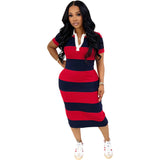 Women Clothing Spring Summer Polo Collar Contrast Color Slim Fit Split Dress