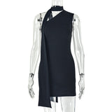 Street Women Clothing Solid Color Lace up Tight Waist Hip Dress Diagonal Collar Sleeveless Slimming Short Dress