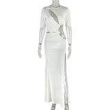 Elegant Women Clothing Hollowed out Split Socialite Asymmetric Dress round Neck Solid Color Pleated Dress