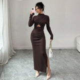 Autumn Winter Sexy Slit Slim Fitting Cropped Outfit Long Sleeve Mid Length Long Sleeve Dress