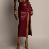 Leather Split Skirt Women Clothing High Waist Figure Flattering Sheath Leather Skirt Solid Color Skirt