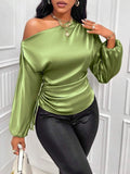 Women Clothes Satin Shirt Autumn Winter Asymmetric Long Sleeve Diagonal Collar Shirt Top