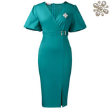 African Women Clothing Lantern Sleeve Summer V neck Hip Office Split Dress