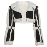 Women Clothing Street Faux Leather Stitching Short Fur Collar Cropped Coat