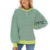Autumn Winter Striped Round Neck Contrast Color Loose Long Sleeve Sweatershirt Coat Women