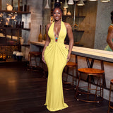Women Clothing Elegant Halter V neck Sexy Backless Lace up Pleated Maxi Dress