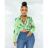 Women Clothing Geometry Pattern Printed Twist Button Shirt Top