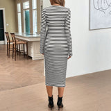 Spring Autumn French Slim Fit Black White Striped Long Sleeve Slim Dress Bow Lace Up Slits Design Date Dress