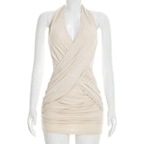 Women Clothing Summer Solid Color Casual Slim Cross Tied Neck Sleeveless Mini Short Dress