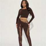 Autumn Winter Women Clothing Long Sleeve Top Sexy Cutout Tied Slim Fit Trousers Two Piece Sets