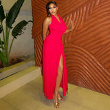 Women Clothing Solid Color Split Elegant Halter Hip Dress Swing Collar Backless Sleeveless Pleated Length Dress