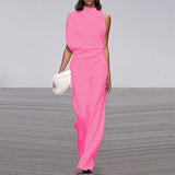 Women Pants Solid Color One Shoulder Pile Collar Jumpsuit Popular Dress Trousers