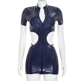Women Clothing Autumn Solid Color Sexy Faux Leather Zipper Short Sleeve Cropped Outfit Slim Short Dress