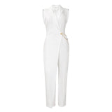Women Clothing Elegant Elegant Suit Collar Tight Waist Chain Loose Wide Leg Jumpsuit