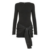 Women Solid Color Leather Stitching Tight Long Sleeved Dress Mature Sexy Pullover Sheath Lace Dress