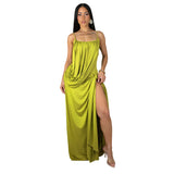 Women Sexy Suspender Twisted Waist Split Embellished Cocktail Solid Color Dress